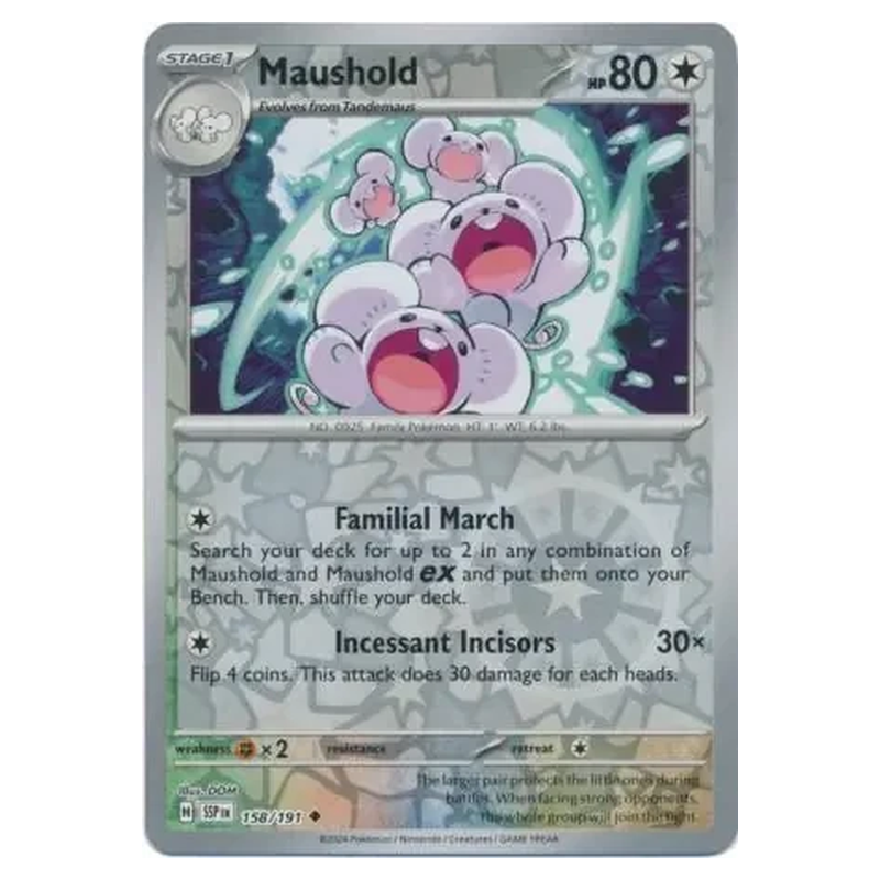 Maushold 158/191 Reverse Holo Pokémon single card from Surging Sparks