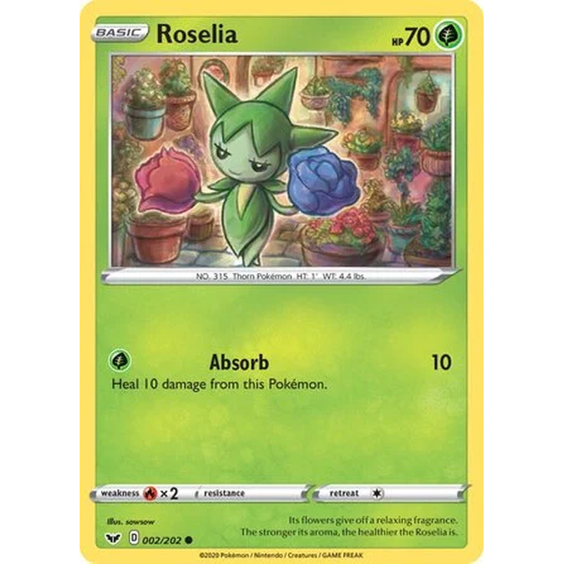 Roselia 002/202 Pokémon single card from Sword and Shield Base Set
