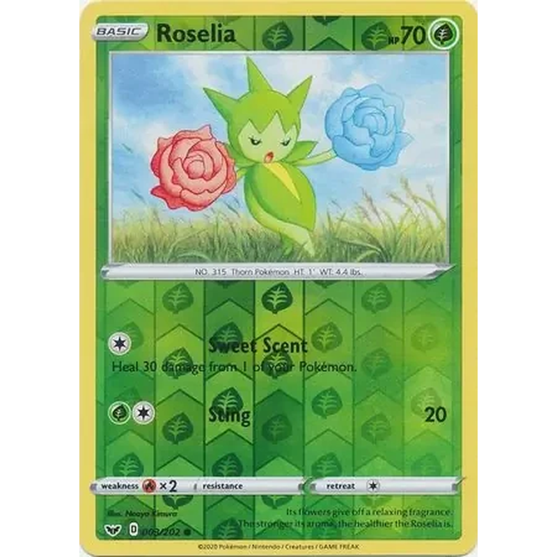 Roselia 003/202 Reverse Holo Pokémon single card from Sword and Shield Base Set