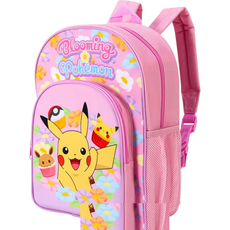 Pokémon Blooming backpack featuring Pikachu, Eevee and cupcake designs, pink floral