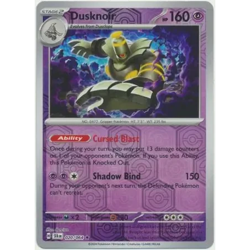 Dusknoir 020/064 Reverse Holo Pokémon single card from Shrouded Fable, Near Mint condition