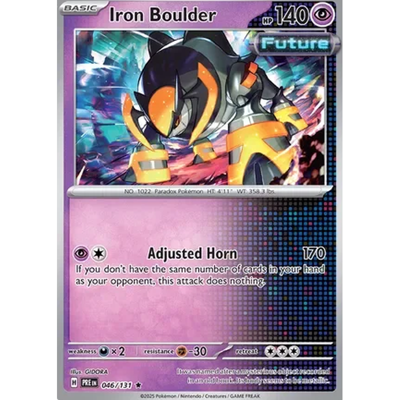 Iron Boulder 046/131 Rare Pokémon single card from Prismatic Evolutions, Near Mint condition
