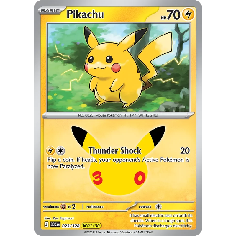 Pikachu 023/128 Pokémon single card from 30th Celebration, Mint condition