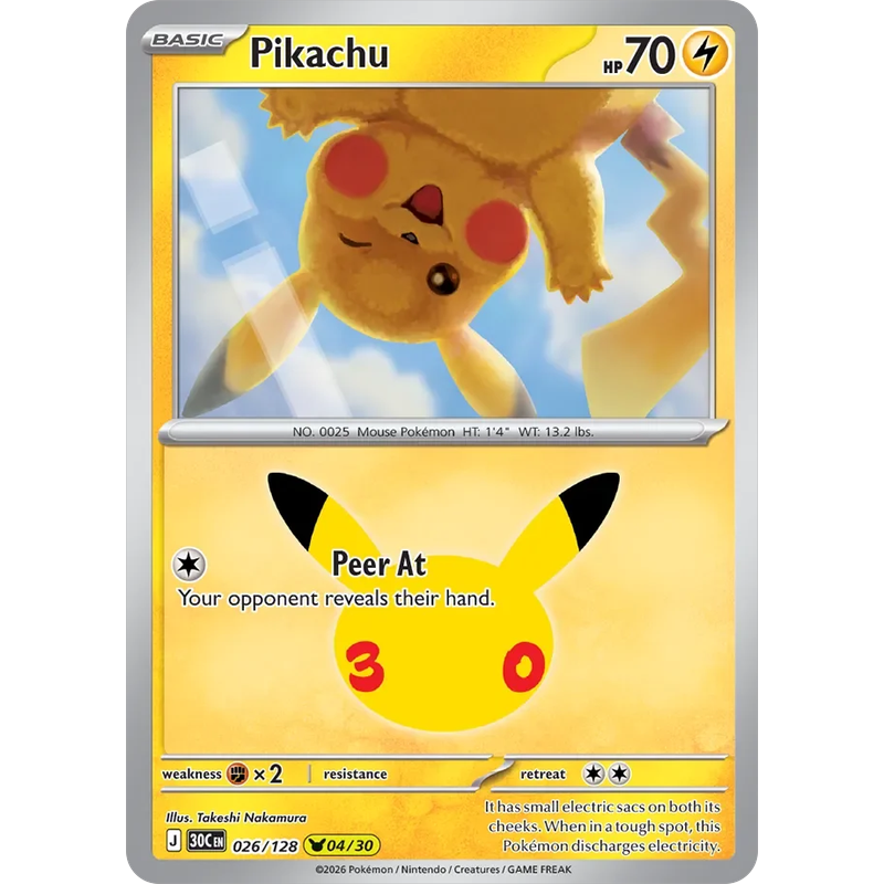 Pikachu 026/128 Pokémon single card from 30th Celebration, Mint condition