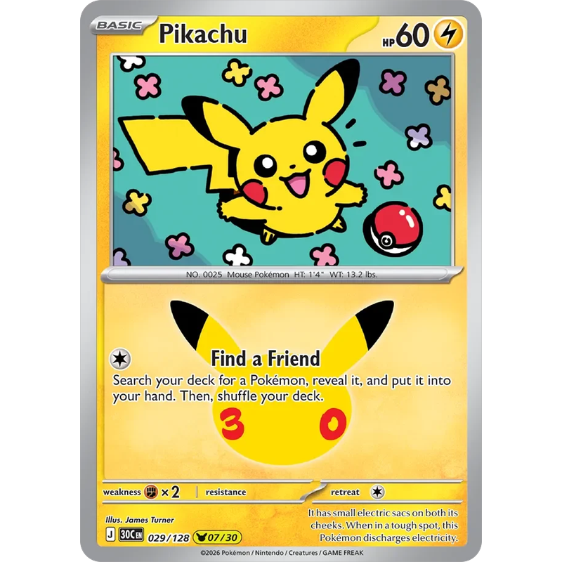 Pikachu 029/128 Pokémon single card from 30th Celebration, Mint condition