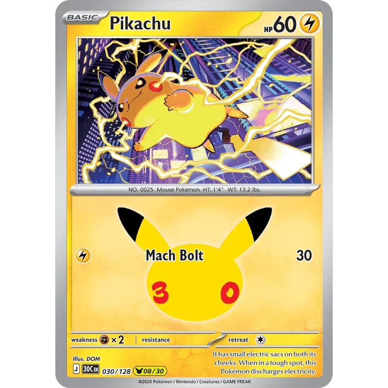 Pikachu 030/128 Pokémon single card from 30th Celebration, Mint condition