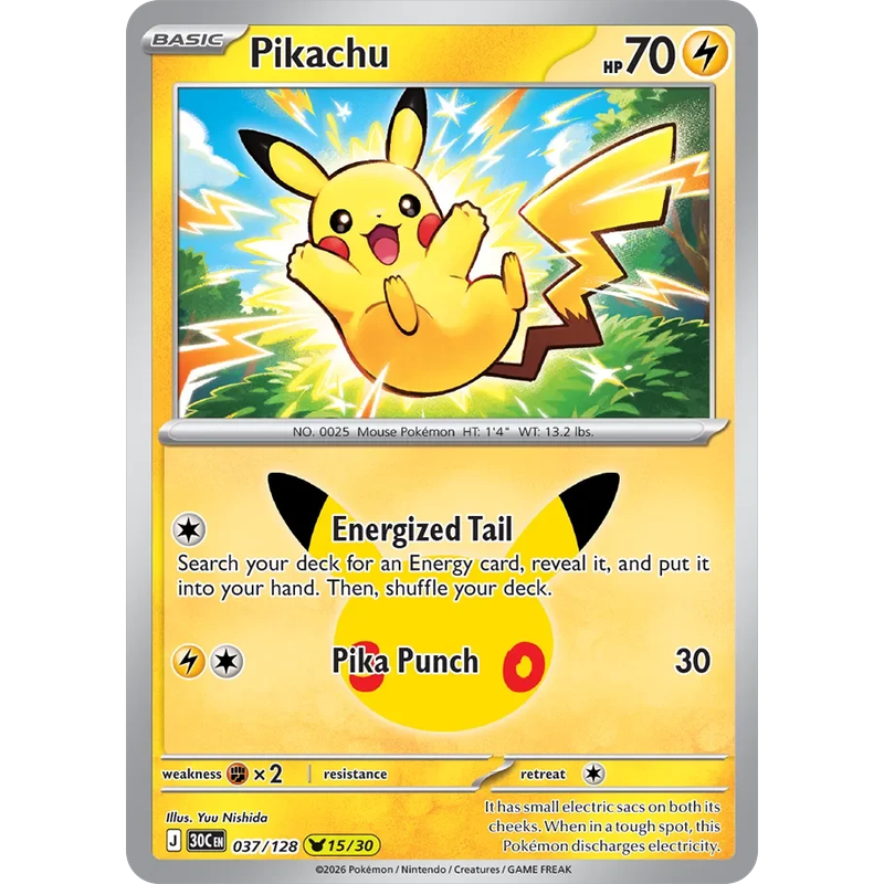 Pikachu 037/128 Pokémon single card from 30th Celebration, Mint condition