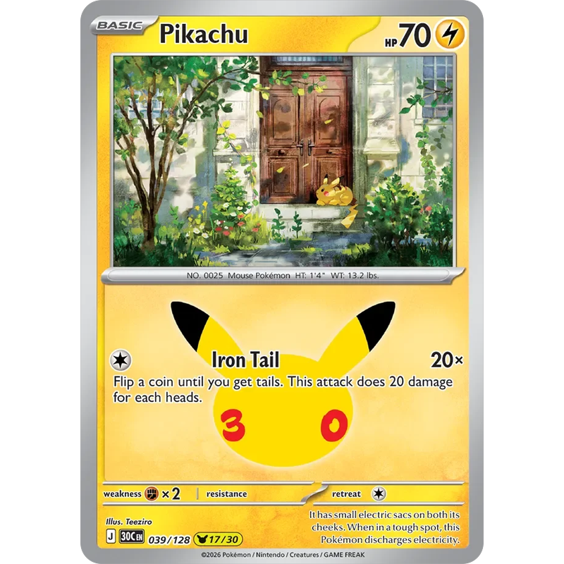 Pikachu 039/128 Pokémon single card from 30th Celebration, Mint condition