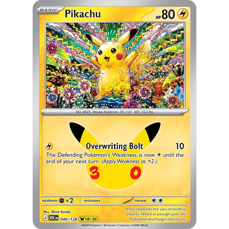 Pikachu 040/128 Pokémon single card from 30th Celebration, Mint condition
