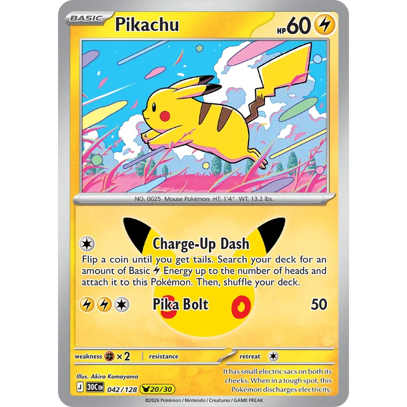 Pikachu 042/128 Pokémon single card from 30th Celebration, Mint condition