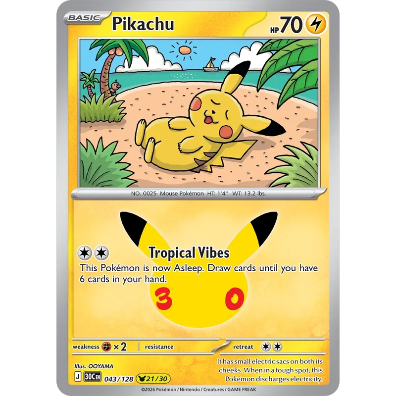 Pikachu 043/128 Pokémon single card from 30th Celebration, Mint condition