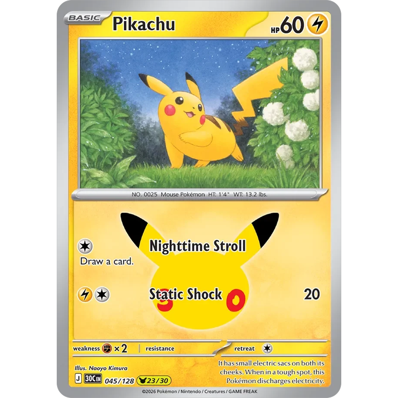 Pikachu 045/128 Pokémon single card from 30th Celebration, Mint condition