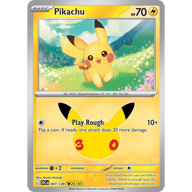 Pikachu 047/128 Pokémon single card from 30th Celebration, Mint condition