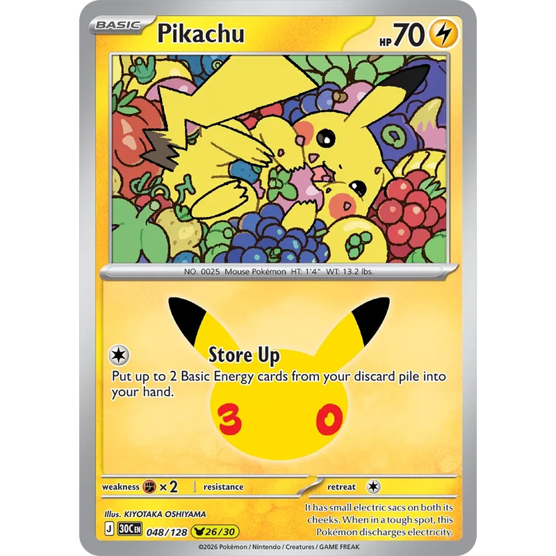Pikachu 048/128 Pokémon single card from 30th Celebration, Mint condition