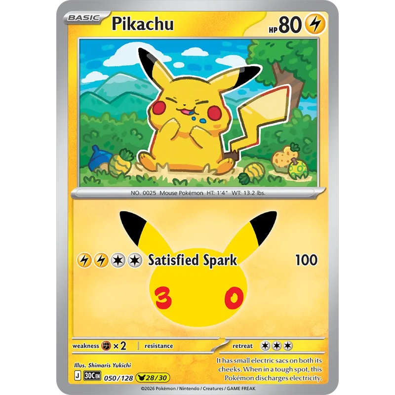 Pikachu 050/128 Pokémon single card from 30th Celebration, Mint condition