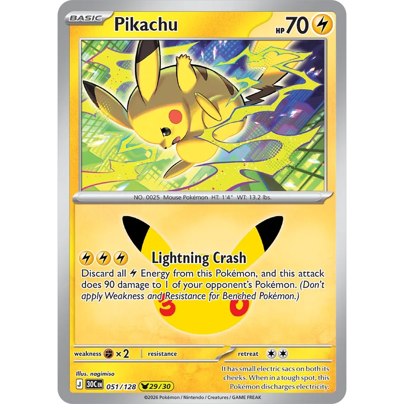 Pikachu 051/128 Pokémon single card from 30th Celebration, Mint condition