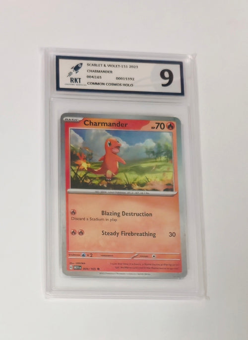 Graded Charmander 004/165 Scarlet and Violet 151 Pokémon Cosmos Holo card, RKT 9, sealed in protective slab