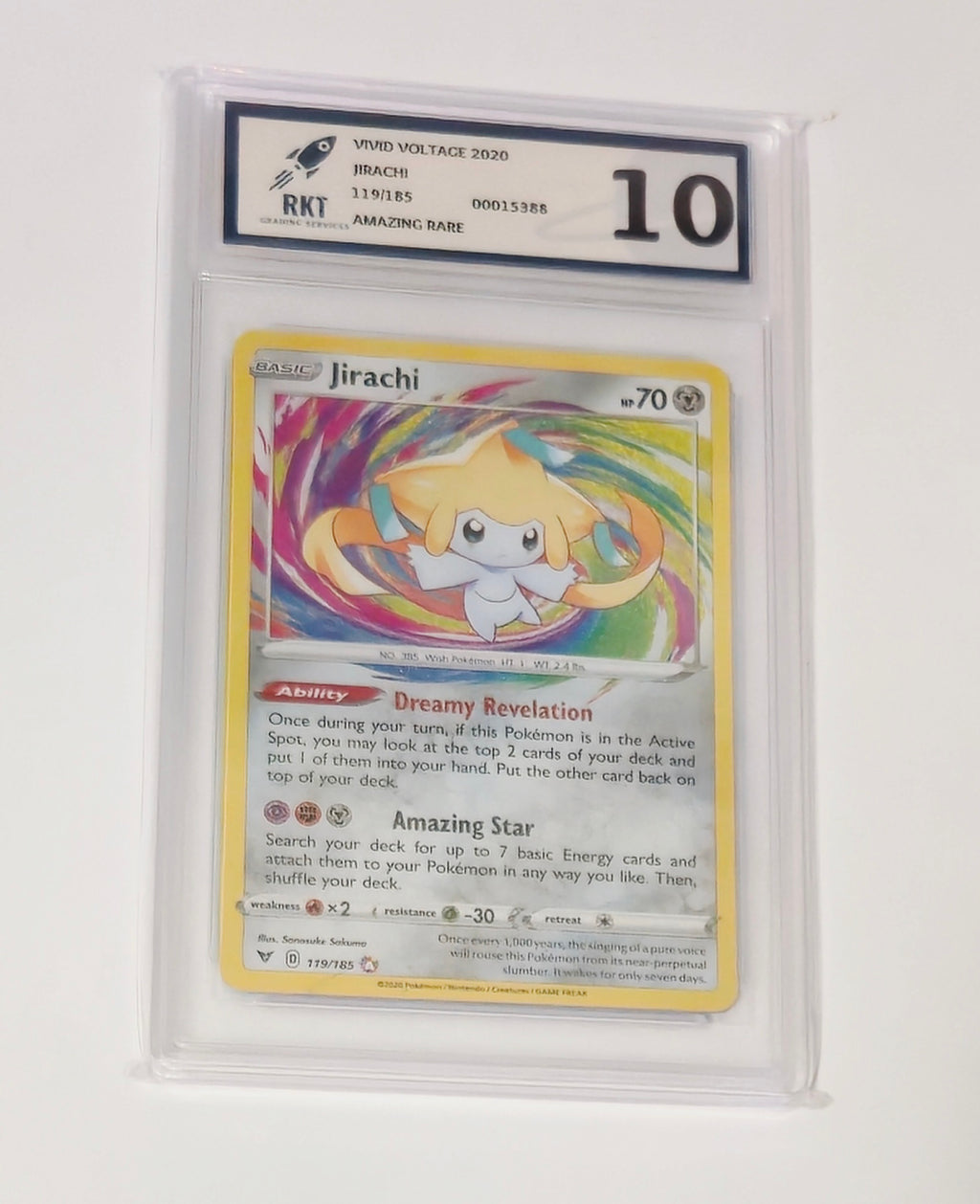 Graded Jirachi 119/185 Vivid Voltage Pokémon card, RKT 10, sealed in protective slab