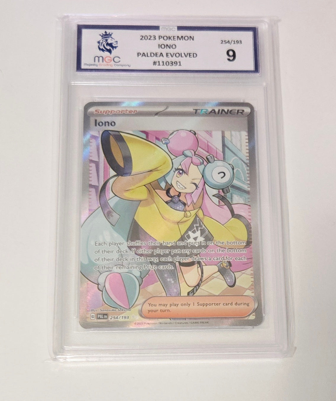 Graded Iono 254/193 Paldea Evolved Pokémon card, MGC 9, sealed in protective slab