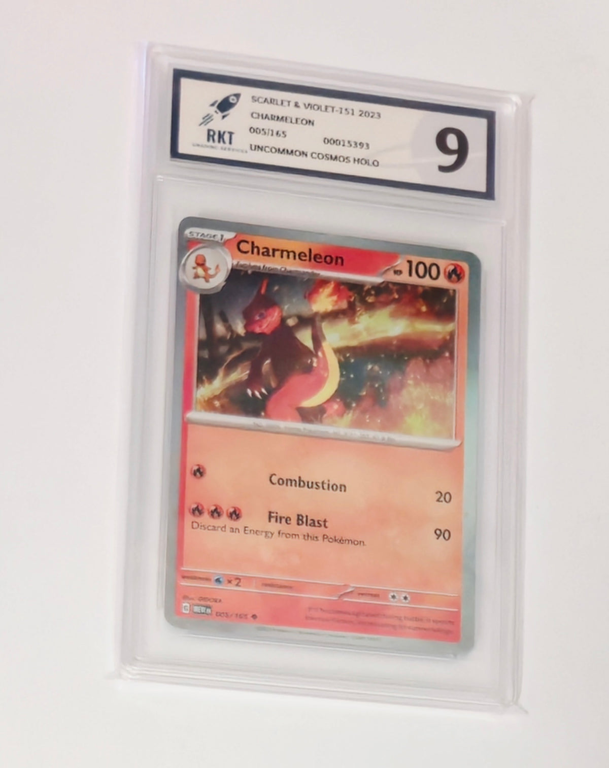 Graded Charmeleon 005/165 Scarlet and Violet 151 Pokémon Cosmos Holo card, RKT 9, sealed in protective slab