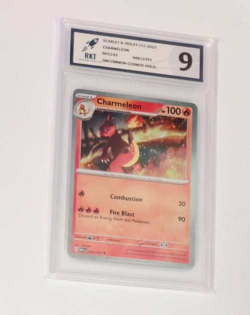 Graded Charmeleon 005/165 Scarlet and Violet 151 Pokémon Cosmos Holo card, RKT 9, sealed in protective slab