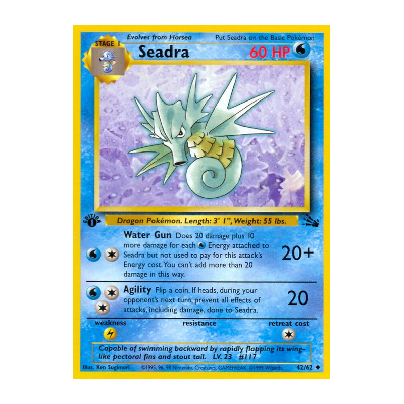 Graded 1st Edition Seadra 42/62 Fossil Pokémon card, GG 8.5, sealed in protective slab