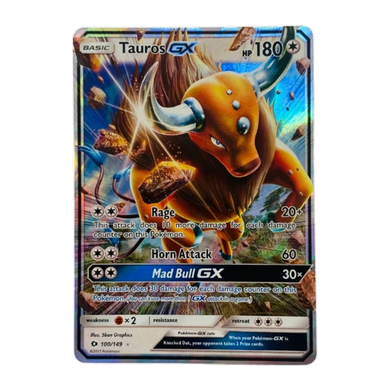 Graded Tauros GX 100/149 Sun and Moon Pokémon Ultra Rare card, RKT 7, sealed in protective slab