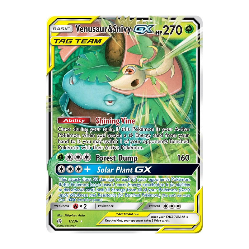 Graded Venusaur and Snivy GX 1/236 Cosmic Eclipse Pokémon Tag Team card, PSA 8, sealed in protective slab